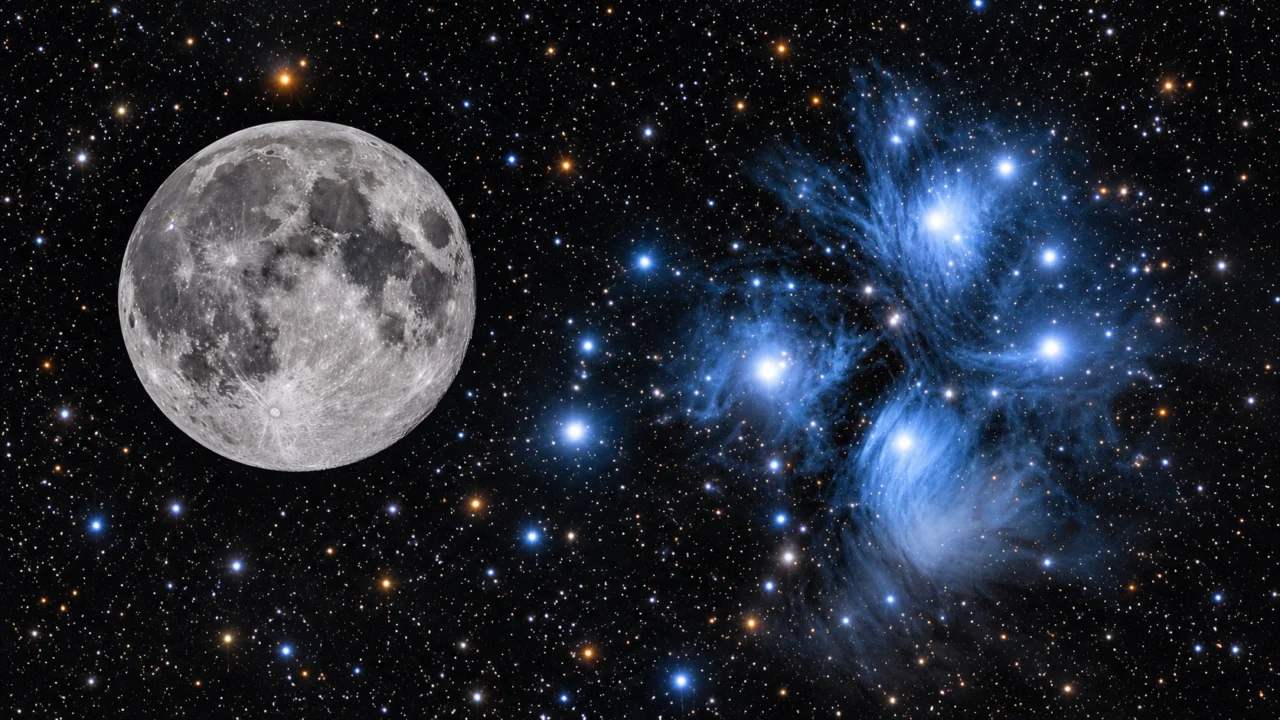 Lua e as Plêiades estarão próximas no céu do Brasil em 27 de outubro de 2026